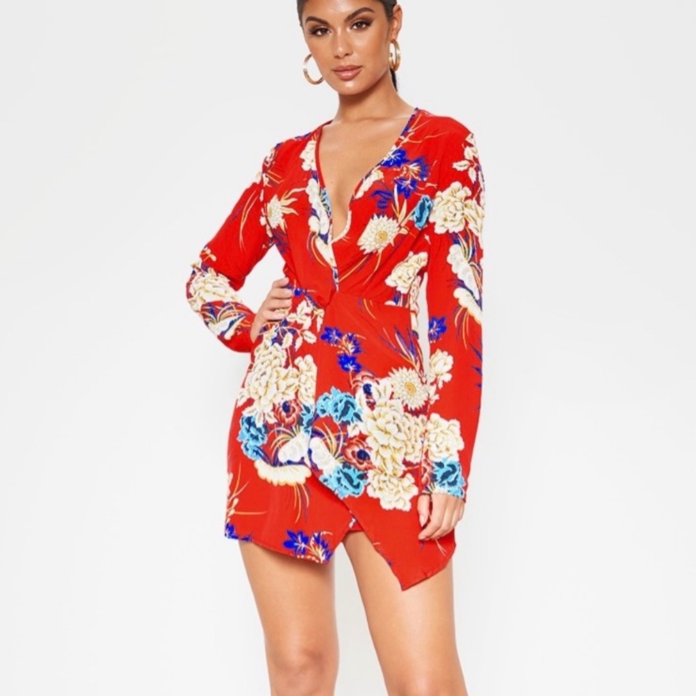 PrettyLittleThing Red Floral Wrap Dress Sz 4 Festival Spring Boho